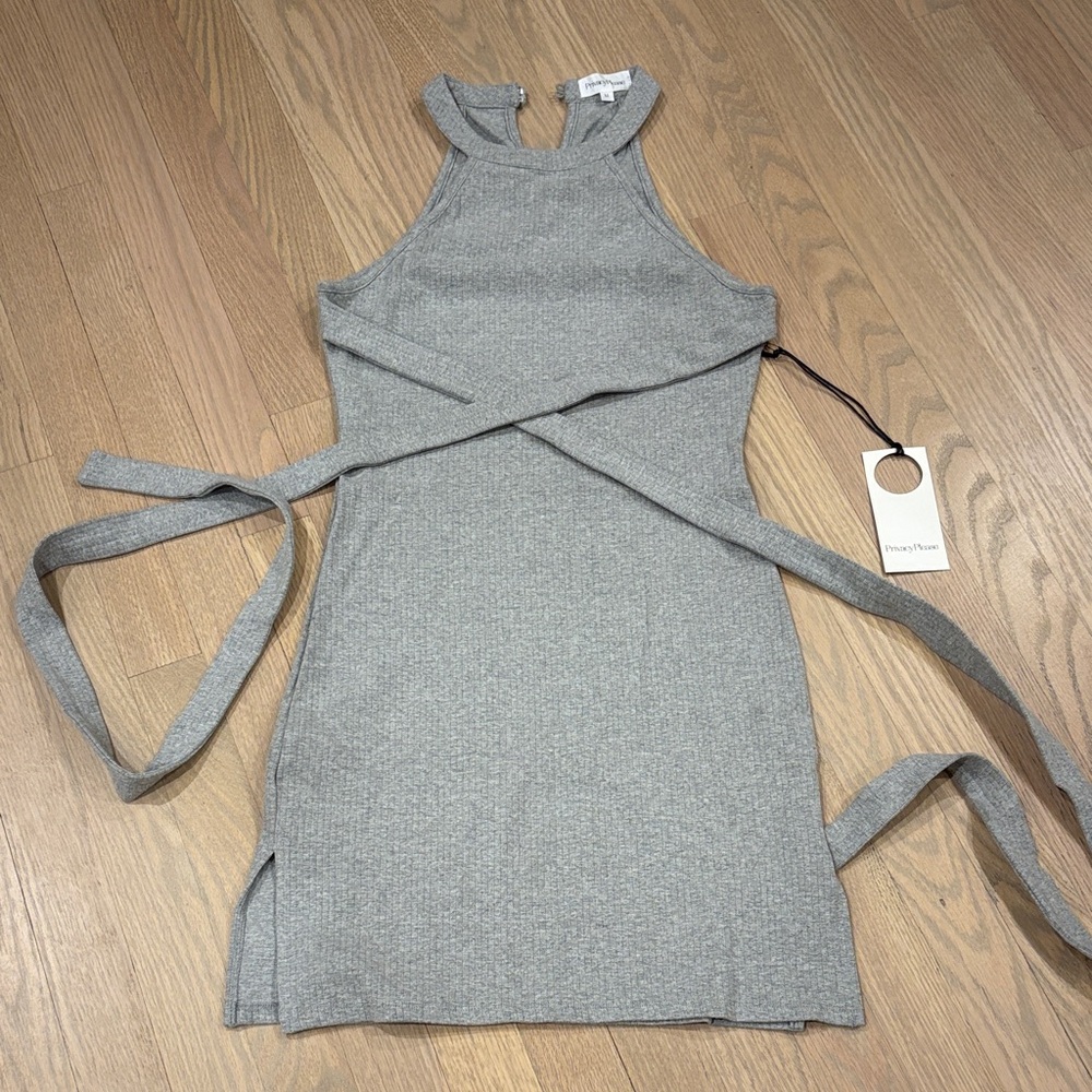 Privacy Please Gray Mini Ribbed Cotton Bodycon Dress With Wrap Ties M